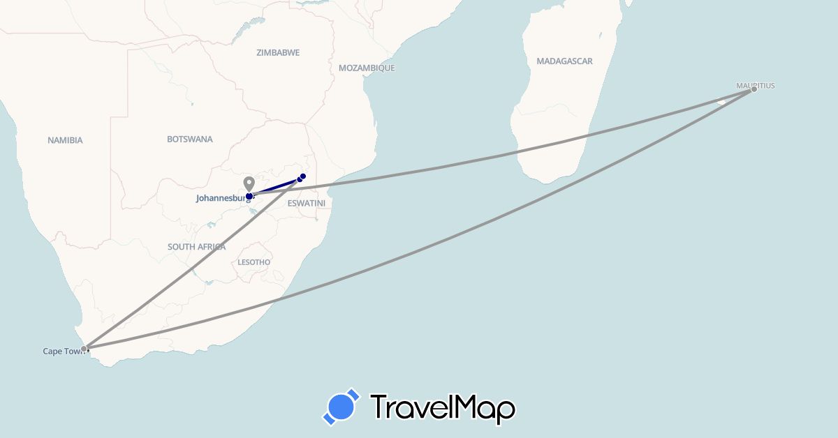 TravelMap itinerary: driving, plane in Mauritius, South Africa (Africa)